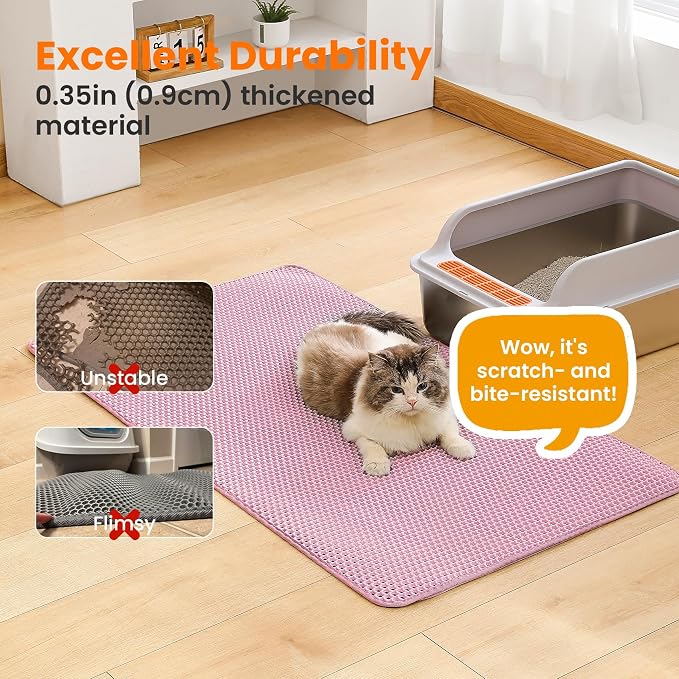 Extra Large Cat Litter Mat XXL, Double Layer Honeycomb, Pink | 46x26”, Reduces Litter Tracking, Easy to Clean, Waterproof, Non-Slip, Soft on Paws, Scratch Resistant, XXL