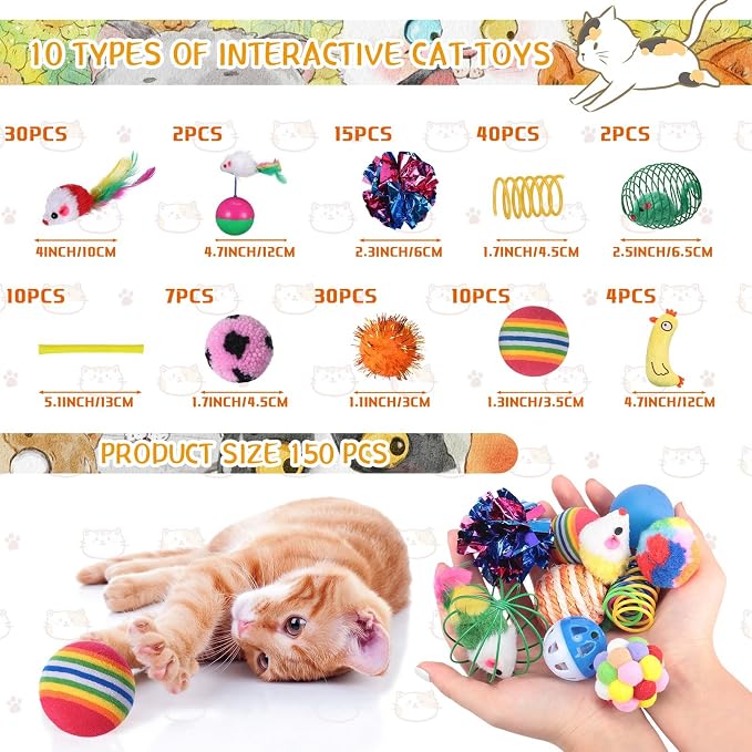 Shappy 150 Pcs Cat Toys for Indoor Cats Bulk, Kitten Toys Pack, Variety Interactive Gift Including Mice Rainbow Balls Spring Crinkle Balls Gift for Kitty Kitten Cat(Novel)