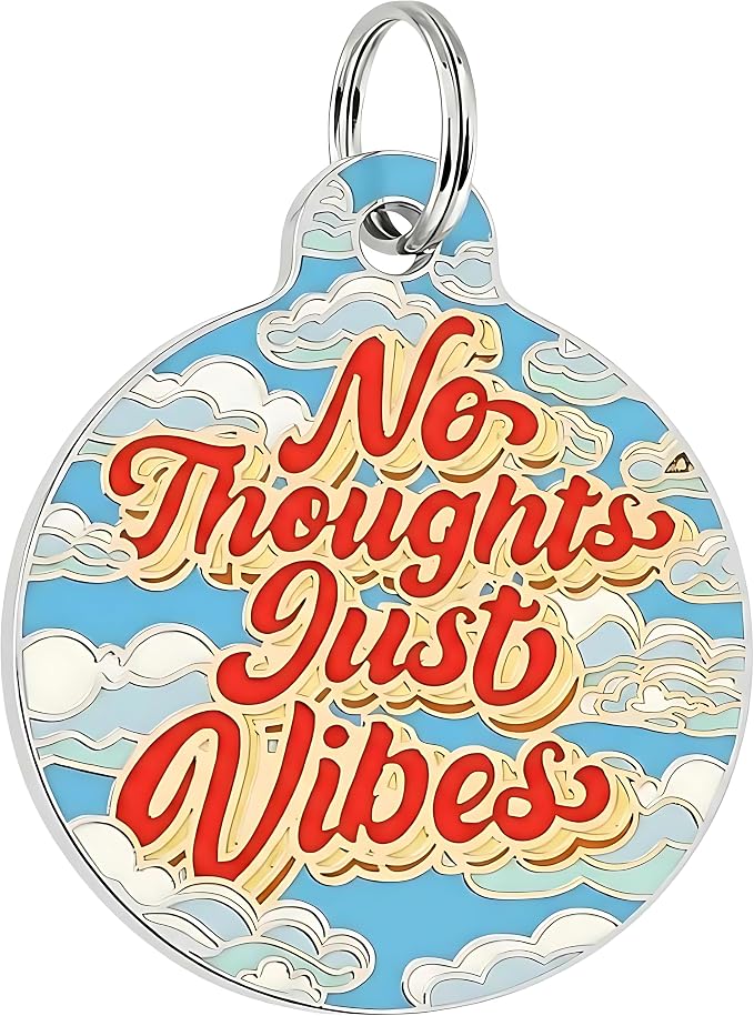 Bad Tags Personalized Dog and Cat ID Tags in 25+ Designs and 2 Sizes - 5 Lines of Custom Engraved Text - Funny Cute Personalized Pet Tags (No Thoughts Just Vibes, Small (1 inch))