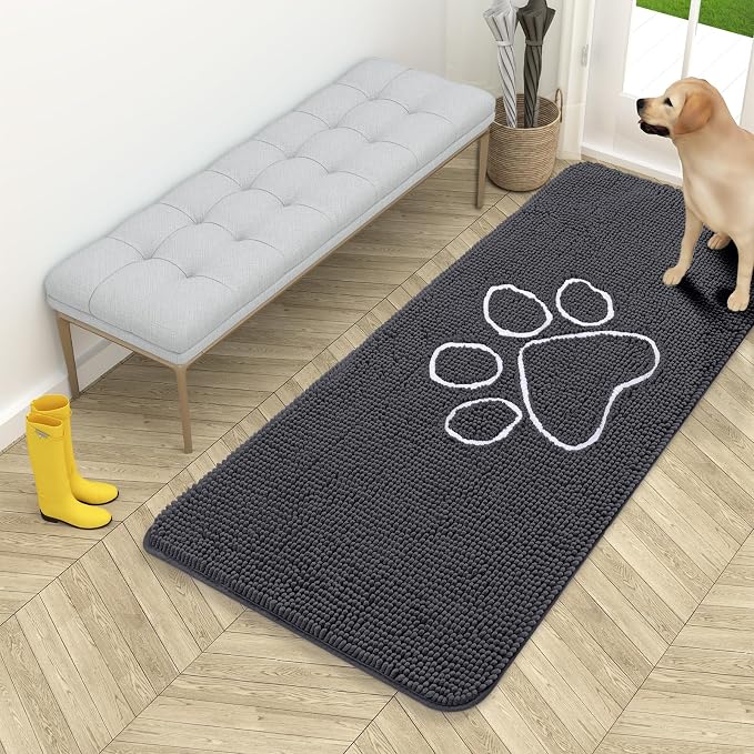OLANLY Dog Door Mat for Muddy Paws 54x24, Paw Print Design Chenille Mud Mat | Dark Grey, Absorbent, Traps Moisture and Dirt, Non-Slip Washable Doormat, Quick-Drying Indoor Entryway Floor Carpet for Dogs