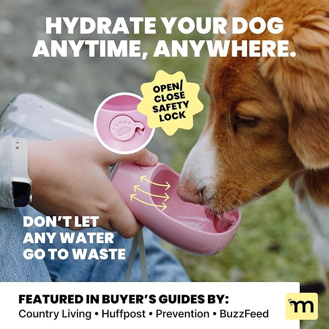 MalsiPree On the Go Dog Water Bottle - 12 oz Pink, Leak-Proof | 12oz leak-proof bottle & built-in bowl - one-hand use - Use for dog travel, hiking, park & beach days
