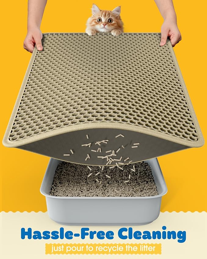 Powools Cat Litter Mat, 30 x 24 in, Waterproof, Non-Slip, Beige | Litter Trapping Mat, Easy to Clean, Litter Box Mat, Urine-Proof, Cat Toilet Training Systems Accessories, Indoor Cats
