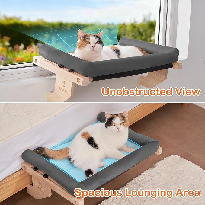 Cat Window Perch + Bonus Toy by Petronaut – Solid Wood, Durable & Easy-Clean, Comfortable Orthopedic Hammock, No Drilling, No Suction Cups, Holds 40 lbs – Window Seat for Large Cats, 21.7"x15"