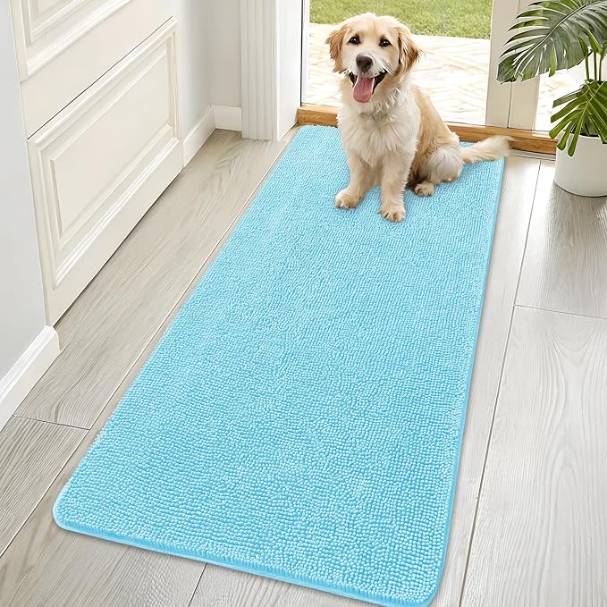 OLANLY Dog Door Mat for Muddy Paws 70x35, Super Absorbent Chenille Mud Mat | Blue, Absorbs Moisture and Dirt, Non-Slip Machine Washable Doormat, Quick-Drying Indoor Entryway Floor Carpet for Dogs