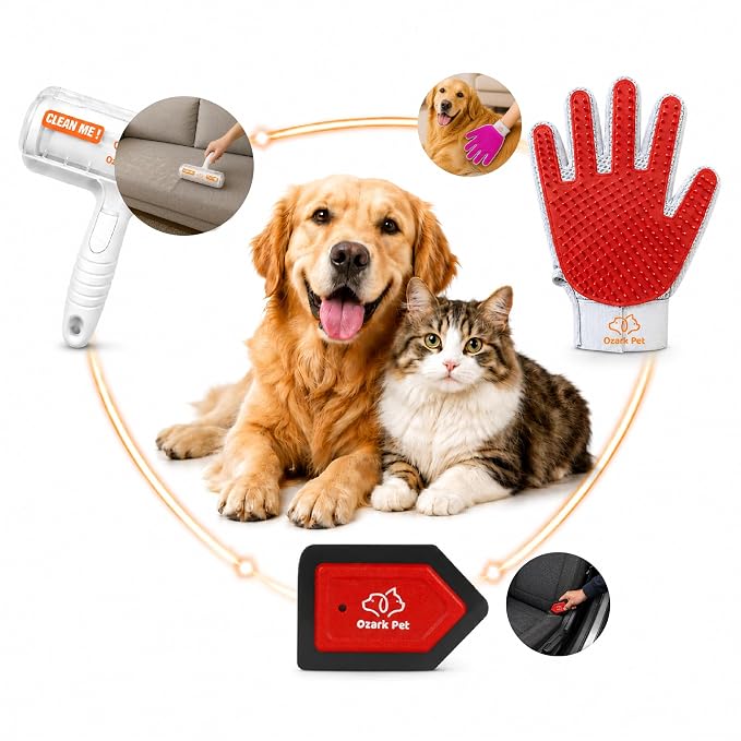 Pet Hair Removal for Home & Car 3-in-1 – Reusable Dog & Cat Removal Kit with Pet Tool, Glove, Mini Detail Cleaning & Furniture Hair Remover for Couch, Upholstery & Car Seats (Red, Combo 3-in-1)