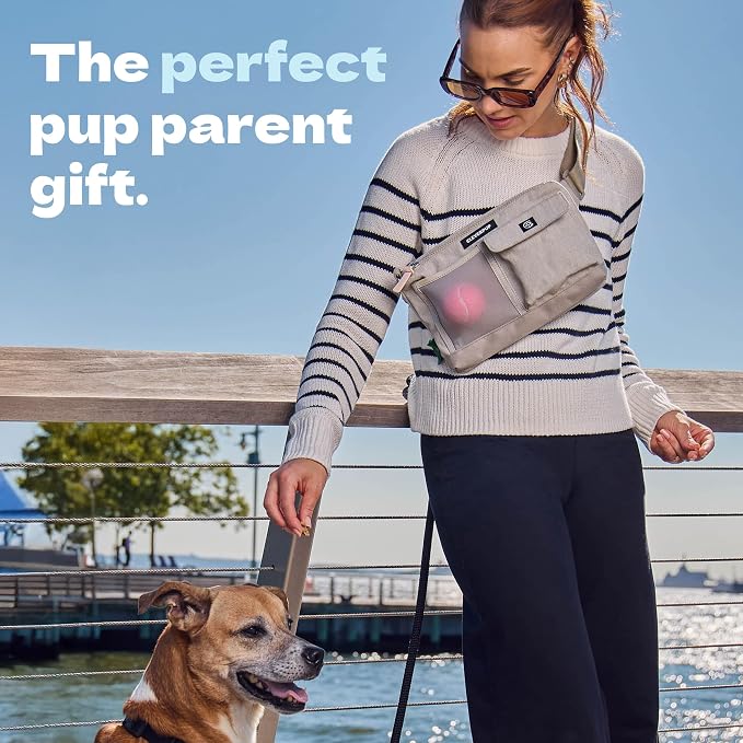 Dog Walk & Train Sling Bag - Hands-Free Dog Walking & Training Bag with Treat Pouch, Poop Bag Holder & Phone Pocket - Crossbody or Fanny Pack, Adjustable Strap - Sand