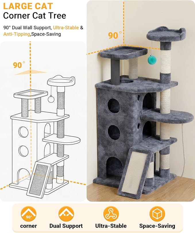 Eco-Wood Cat Tree Tower,【Top Heavy Duty】 Cat Tower for All Indoor Cats | 54” Super Sturdy Cat Tower Bed with 6 Scratching Posts, Scratch rope, Scratcher, 3 Enlarged Cat Condos, Jumping Perches