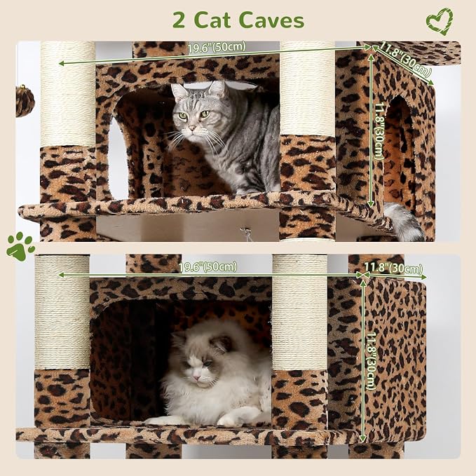 Globlazer Giant Tall Heavy Duty Cat Tower for Indoor Large Cats, F83B | XXL Multi-Level Large Cat Condo with 8 Scratching Posts, Hammock, 2 Cat Caves, 2 Platform, Leopard Print