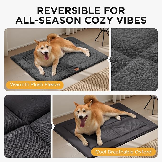 Joydeco Low Profile Dog Crate Mat Reversible Bed Pad, Washable Dog Pad Mat with Ultra Soft Fleece, Compact Design Kennel Beds Mats for Large Medium Small Pets, 36" x 27" Dark Gray