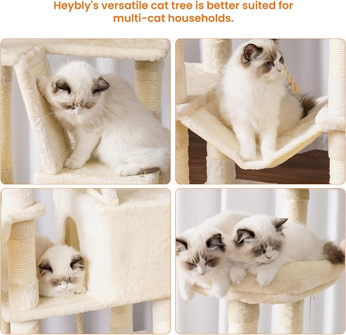 Heybly Cat Tree, 68 inch Multi-Level Cat Tower for Indoor Cats HCT025M | Cat Condo with 2 Widened Plush Perches, 2 Cozy Baskets, Scratching Board and Big Caves, Beige