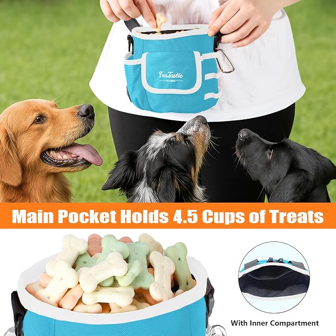 Dog Treat Pouch with Magnetic Closure for Pet Training | 3-Way Wear Treat Bag, 900D Waterproof Fabric, 4 Storage Spaces for Walking, Hiking, Agility, Training & Daily Rewards, Blue