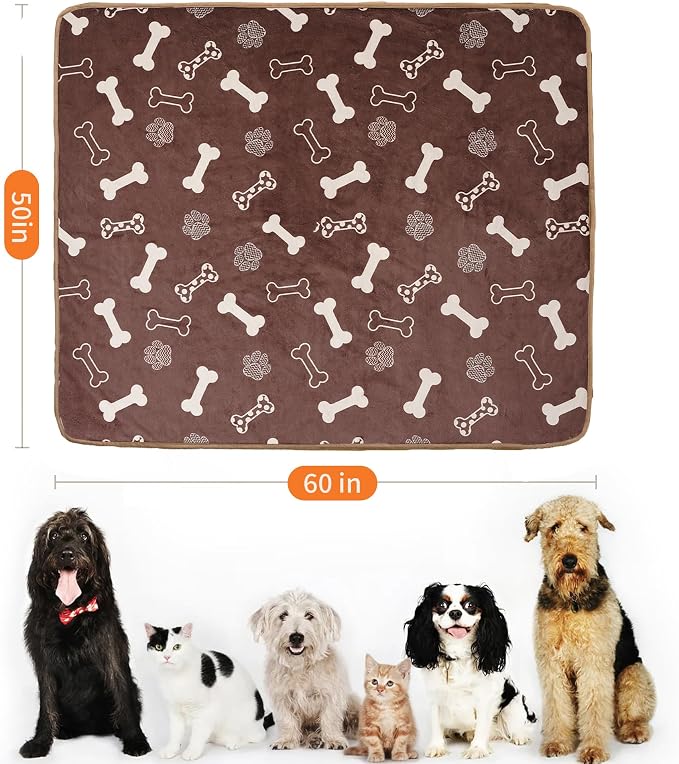 Waterproof Dog Blankets Pet Blanket 50"x60", Soft Fluffy Sofa Car Bed Protector, Reversible Sherpa Fleece Dog Blanket for Large Dogs(Chocolate Brown-Bones)