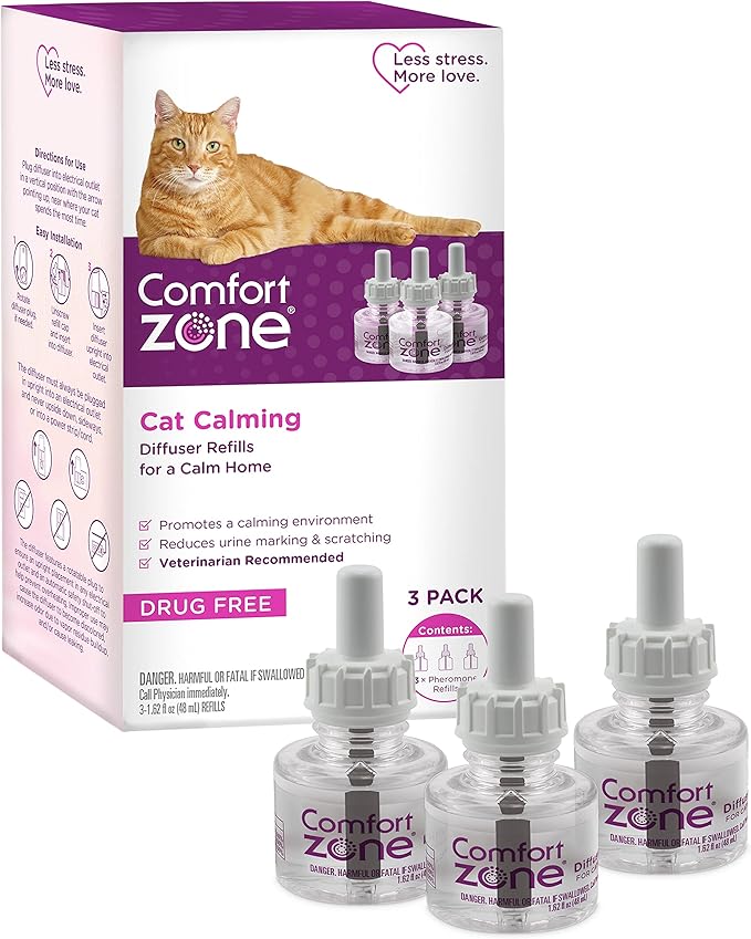 Comfort Zone Cat Calming Diffuser Refill, 3 Pack of 30-Day Refills | Reduces cat stress, use with Comfort Zone Diffuser, refills lasts up to 30 days, expert recommended, drug- and fragrance-free