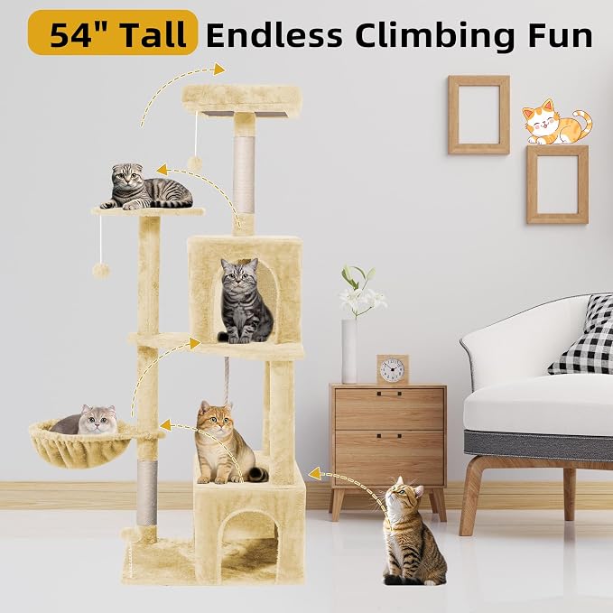 Cat Tree 54-Inch Cat Tower with Padded Plush Perch 2 Comfy Caves, Scratching Posts, Basket, 2 Pompoms, Multi-Level Plush Cat Condo for Indoor Cats Kittens, Beige