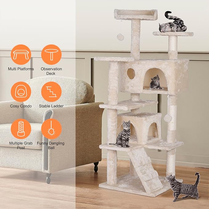 ZENY 55 inches Cat Tree with Sisal-Covered Scratching Posts and 2 Plush Rooms Cat Furniture for Kittens