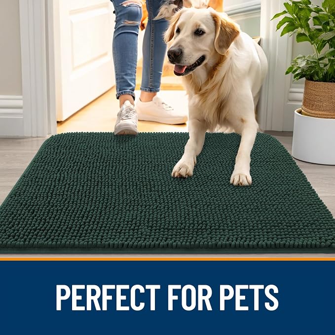 OLANLY Dog Door Mat for Muddy Paws 44x24, Super Absorbent Chenille Mud Mat | Blackish Green, Absorbs Moisture and Dirt, Non-Slip Machine Washable Doormat, Quick-Dry Indoor Entryway Floor Carpet for Dogs