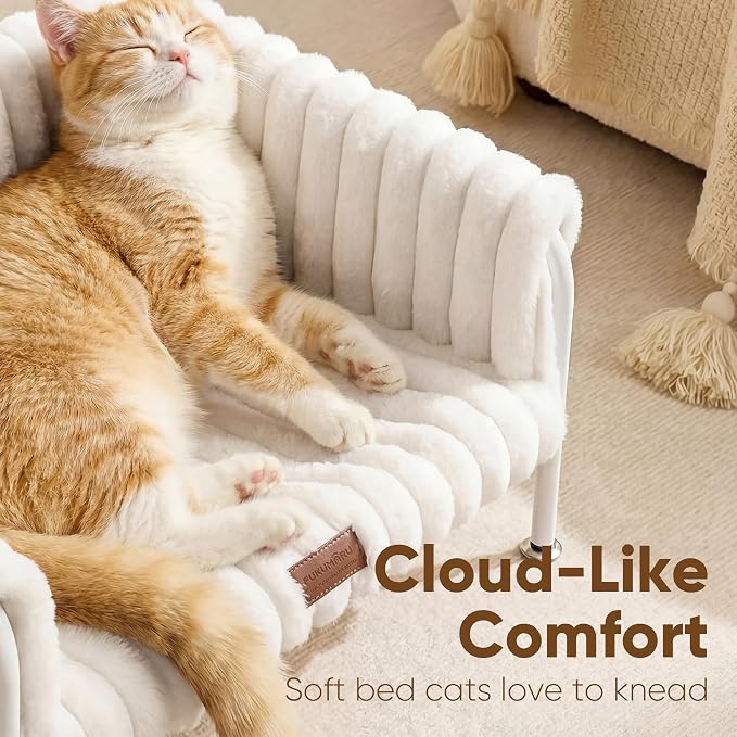 FUKUMARU Elevated Cat Couch Beds for Indoor Cats, Sturdy Metal Frame Cat Hammock Bed with High-Density Foam Cushion, Removable Washable Fluffy Cover, Breathable Raised Dog Bed & Cat Sofa Chair, Cream