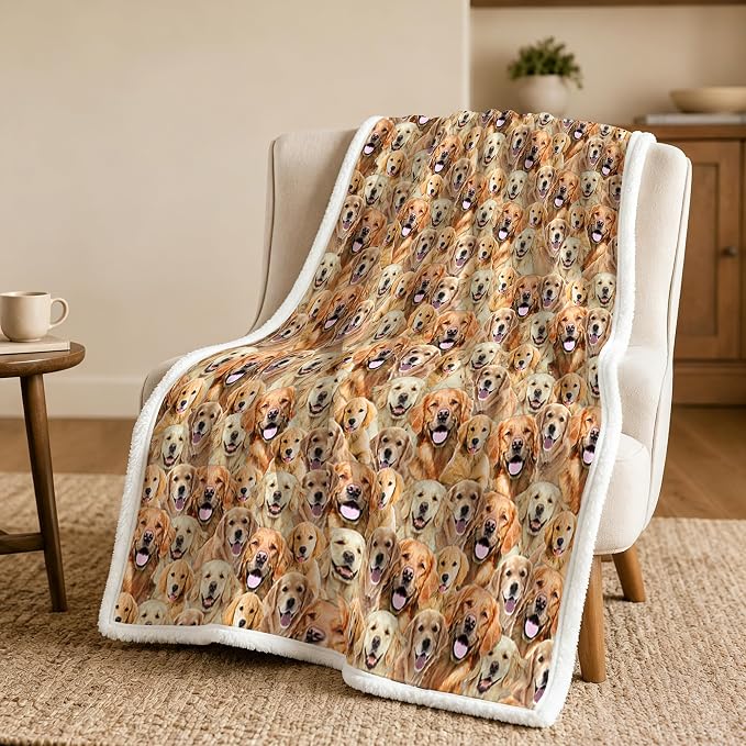 BlessLiving Golden Retriever Throw Blanket with Dense Dog Patterns Sherpa Fleece Blanket Couch Bed, Soft Cozy Warm Pet Blankets for Puppy Lovers Cute Animal Print Gift 50x60 Inches