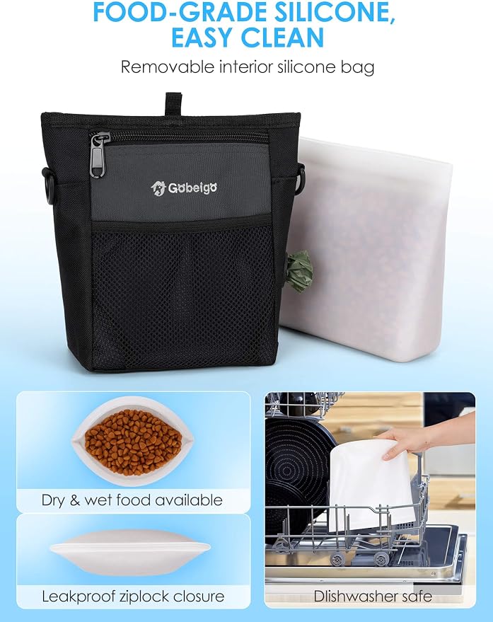 4 Cup Dog Treat Pouch with Silicone Insert Bag& Clicker(Gray) | 2 Pair Magnetic Closures, Belt Clip/Waist Belt/Crossbody Wear, Zipper Pocket Poop Bag Holder for Pet Training/Daily Walking