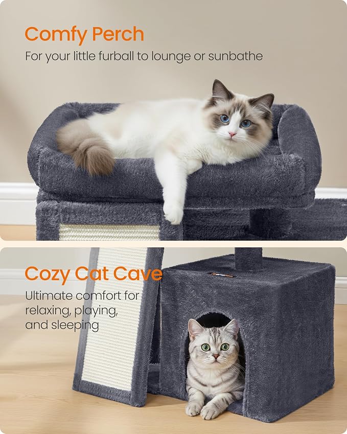 Feandrea Small Cat Tree, Cat Tower Condo, Scratching Ramp, Large Top Perch, Cave, 20.1 x 15.4 x 18.3 Inches, Dark Gray UPCT010GS02S