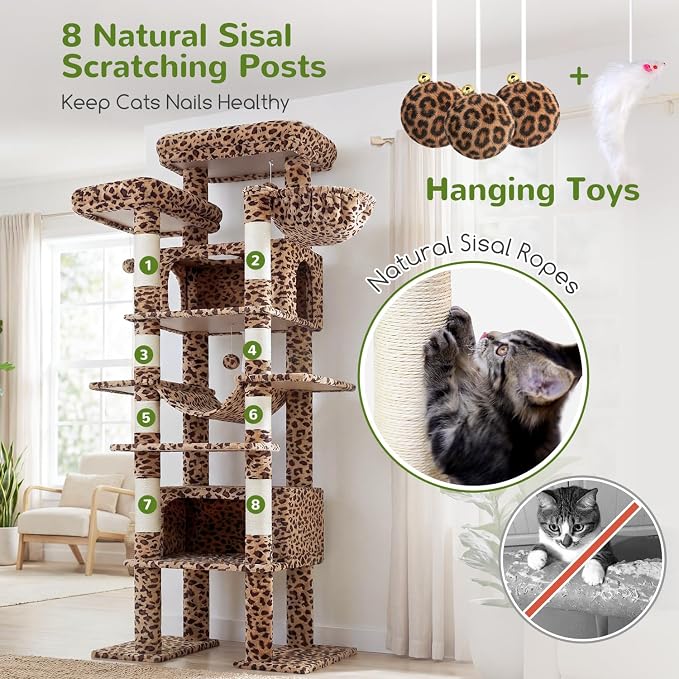 Globlazer Giant Tall Heavy Duty Cat Tower for Indoor Large Cats, F83B | XXL Multi-Level Large Cat Condo with 8 Scratching Posts, Hammock, 2 Cat Caves, 2 Platform, Leopard Print