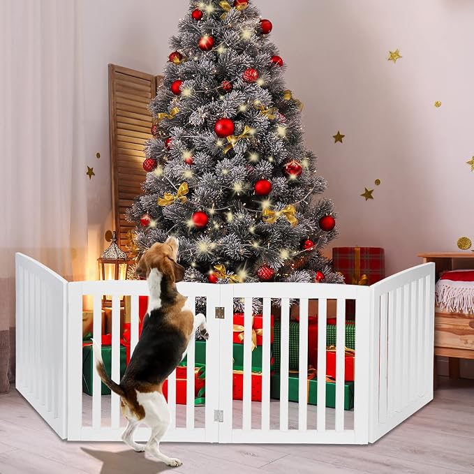 ZENY 24 Inch Pet Dog Gate, Foldable Freestanding Dog Door 4 Panel, White Wooden Z Shape Step Over Pet Fence for Entryway, Stairs, Doorway, White