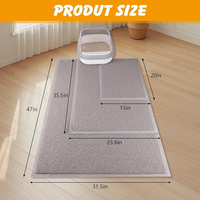 ondware Cat Litter Mat 35.5 x 23.6 in, Waterproof Non-Slip, Gray | Traps scattered litter, soft PVC on paws, washable, easy rinse clean, stable anti-slip base
