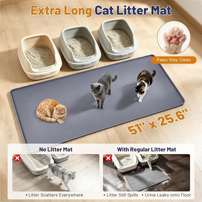 Cat Litter Mat, 51x25.6in Waterproof Silicone Litter Box Mat, Grey | XL Cat Mat Fits 1-3 Litter Boxes, Litter Trapping Mat with Raised Edges, Non-Slip Bottom, Easy Clean Kitty Litter Mat