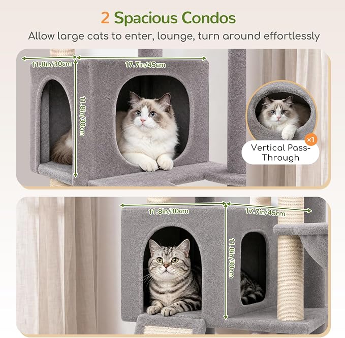 Globlazer 77in Cat Tree Tower for Indoor Cats Large Adult, F77, Light Grey | Heavy Duty Multi-level Climbing Tower with 6 Scratching Posts & Board, 2 Roomy Condos, 2 Padded Perches, 3 Sturdy Baskets