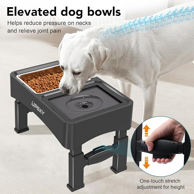 UPSKY 3-in-1 Elevated Dog Bowls Set with 4 Height Adjustable Stand, Balck | 304 Stainless Steel Bowl, No Spill Water Bowl, Slow Food Bowl, Anti-Slip, Dishwasher Safe, Suitable for Small Medium Dogs