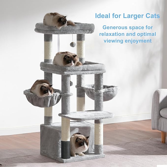 Hey-brother Cat Tree Tower with Extra Large Platform, Big Condo, MPJ070W | 51.1 Inches Scratching Posts with 2 Cozy Hammocks, Self-Grooming Brush for Indoor Adult Cats, Maine Coon, Light Gray