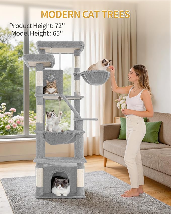 Hzuaneri Large Cat Tree, 72 Inch Tall Multi-Level Cat Tower for Indoor Cats | Cat Condo Furniture with 6 with Sisal Scratching Posts, 2 Large Platforms, 2 Cats House, Hanging Basket, Light Gray MS18318LG