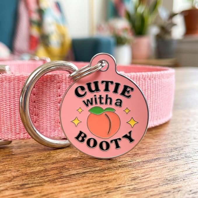 Bad Tags Personalized Dog and Cat ID Tags in 25+ Designs and 2 Sizes - 5 Lines of Custom Engraved Text - Funny Cute Personalized Pet Tags (Cutie with A Booty - Pink, Large (1.25 inch))