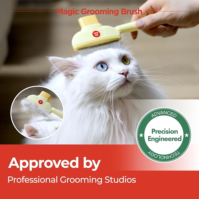 JAYU PET Magic Grooming Brush – Cat Brush for Shedding, Dual-Length Stainless Steel Bristles, One-Click Self-Cleaning, Vertical Deshedding Comb, Professional Pet Grooming Tool