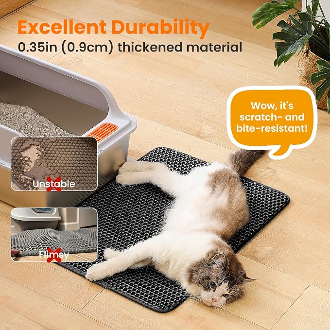 Cat Litter Mat, Double Layer Honeycomb Litter Box Mat | 24x18”, Efficient Litter Trapping, Easy to Clean, Waterproof, Non-Slip, Soft on Paws, Scratch Resistant, Black, Large