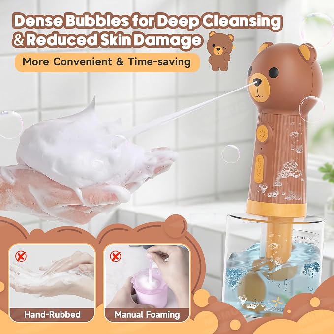 Dog Foam Maker, Rechargeable Pet Bath Foam Dispenser Cartoon Bear 400ml Soap Sprayer with 1200mAh Battery, IPX7 Waterproof Dog Shampoo Frother for Gentle Cleaning, Multi-Use for Home & Outdoor, Brown