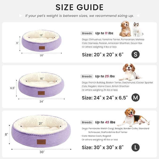 Love's cabin Round Donut Cat and Dog Cushion Bed, 30in Pet Bed for Medium or Large Dogs, Anti-Slip & Water-Resistant Bottom, Soft Durable Fabric Pet Beds, Washable Calming Cat Bed, Violet