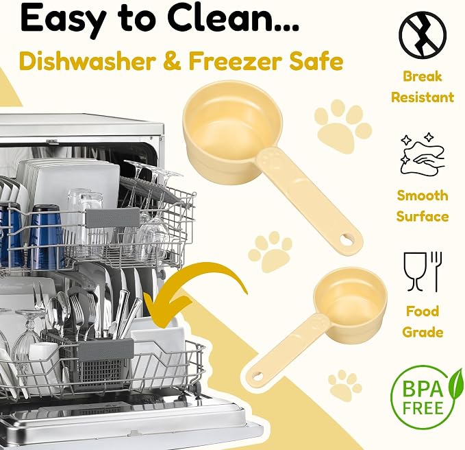 1/2 Cup Dog Food Scoop, Extra Long Handle Sturdy Melamine Pet Food Measuring Scoop with Clear Marking Lines, BPA-Free, Shatterproof, Dishwasher Safe (Butter Yellow, 1/2 Cup)