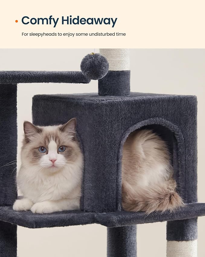 SONGMICS HOME Cat Tree for Indoor Cats, Multi-Level Tower Condo with Sisal Scratching Posts, Hammock and Condo, Dark Gray