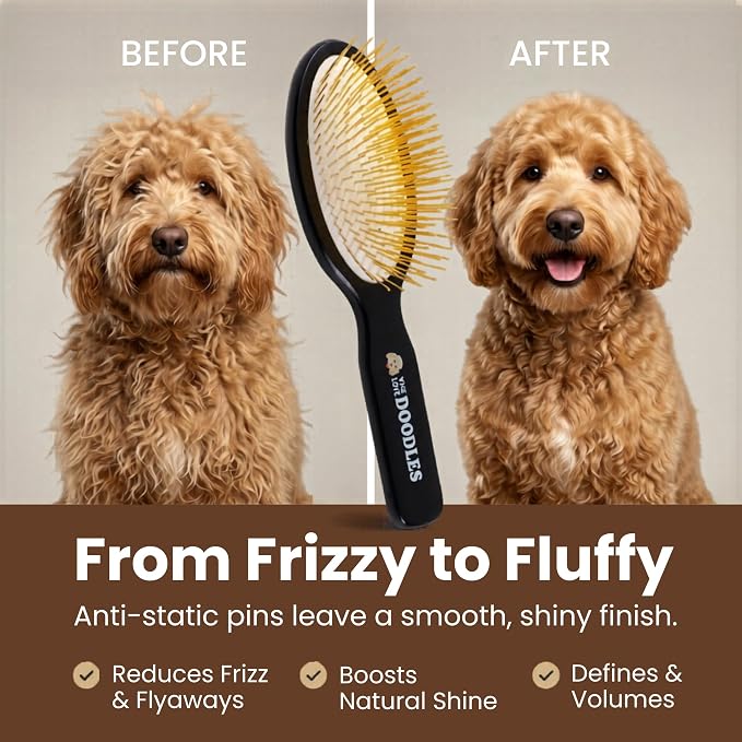 We Love Doodles Pin Brush for Dogs, Pet Grooming Detangler Pin Dog Brush, Dog Brush for Shedding and Removing Loose Fur, Lightweight Beech Wood (Gold Pins)