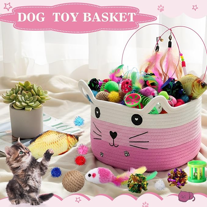 Zopeal 76 Pcs Cat Storage Basket Gift Toys Set Interactive Cat Toys Kitten Wand Colorful Flashing Balls Pet Crinkle Balls Attract Kitten to Swat, Hunt for Pet Indoor(Pink)