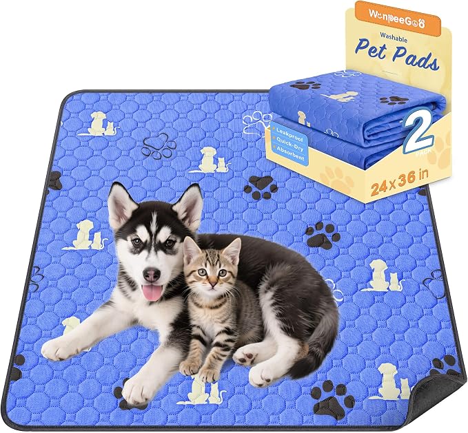 WanpeeGoo Washable Pee Pads for Dogs, Waterproof, 24 x 36 in, 2 Pack, Blue | Super Absorbent, Waterproof and Non-Slip; Washable, Reusable Dog Pads for Crates, Playpens, Floors, Furniture and Travel