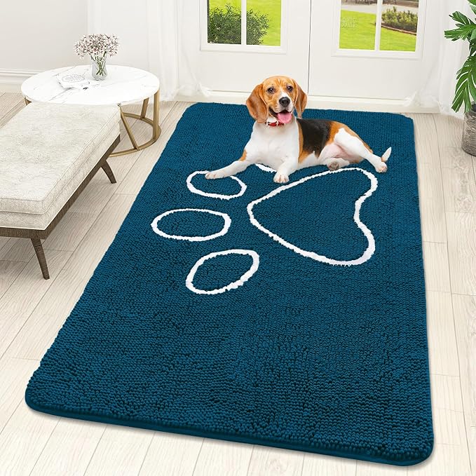 OLANLY Dog Door Mat for Muddy Paws 59x32, Paw Print Design Chenille Mud Mat | Atlantic Blue, Absorbent, Traps Moisture and Dirt, Non-Slip Washable Doormat, Quick-Dry Indoor Entryway Floor Carpet for Dogs