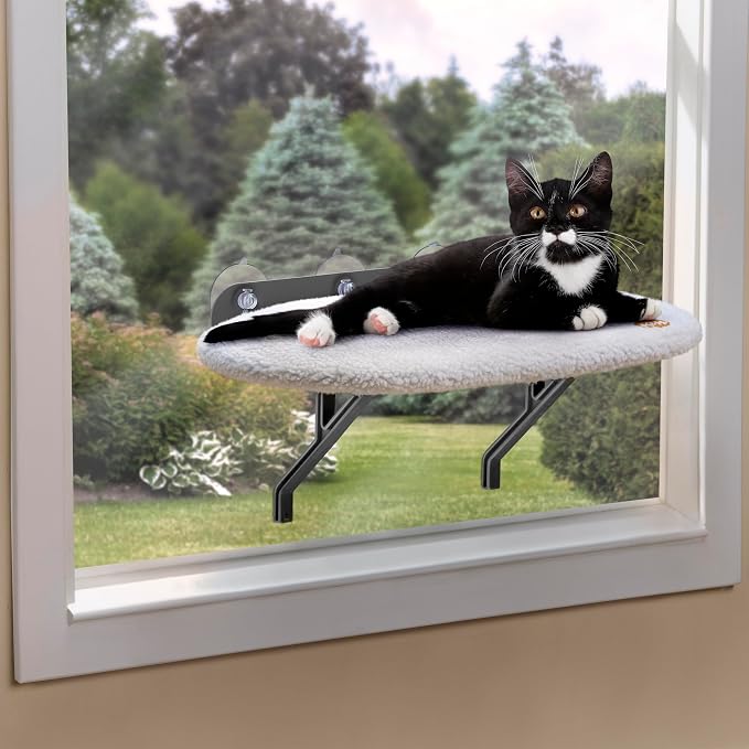 K&H Cat Window Perch, Universal Mount Bed for Large Cats - 24x14in Fleece | Orthopedic Cat Window Hammock Holds 60 lbs, Sturdy Suction Cups, Washable Cover, Indoor Window Bed