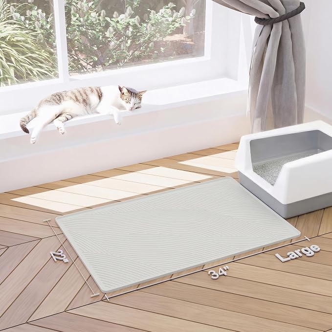 Cat Litter Box Mat - L Large Size 34 x 22 in, Water Proof, Kitty Litter Trapping Mat, Easy to Clean, Scatter Control, Odorless, Pet Supplies for Indoor Cats, Beige Gray
