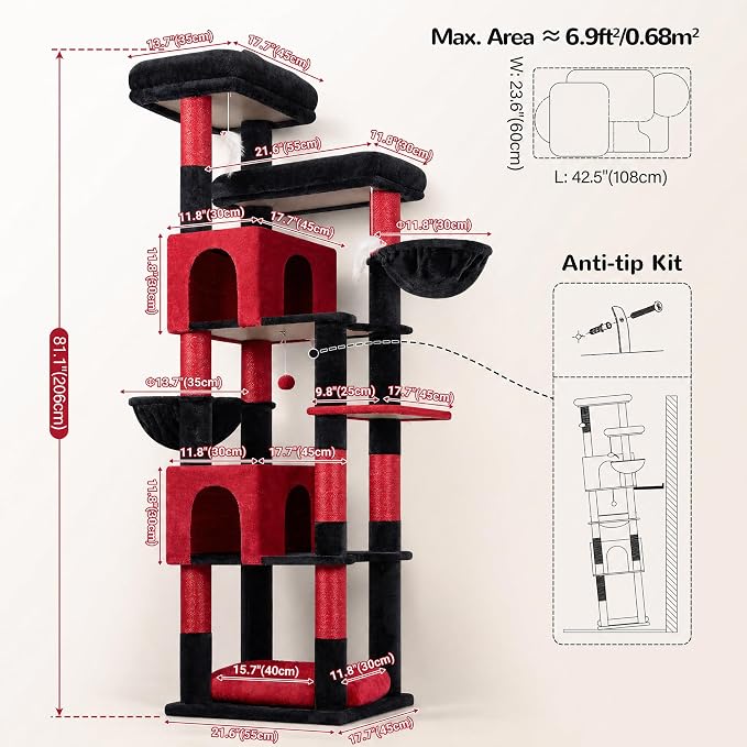 Globlazer Sturdy Extra Large Gothic Cat Tower for Indoor Cats, S81C, Goth | 81 inch Heavy Duty Cat Tree for Indoor Large Adult with 8 Scratching Post, 2 Cat Condos, 2 Platform