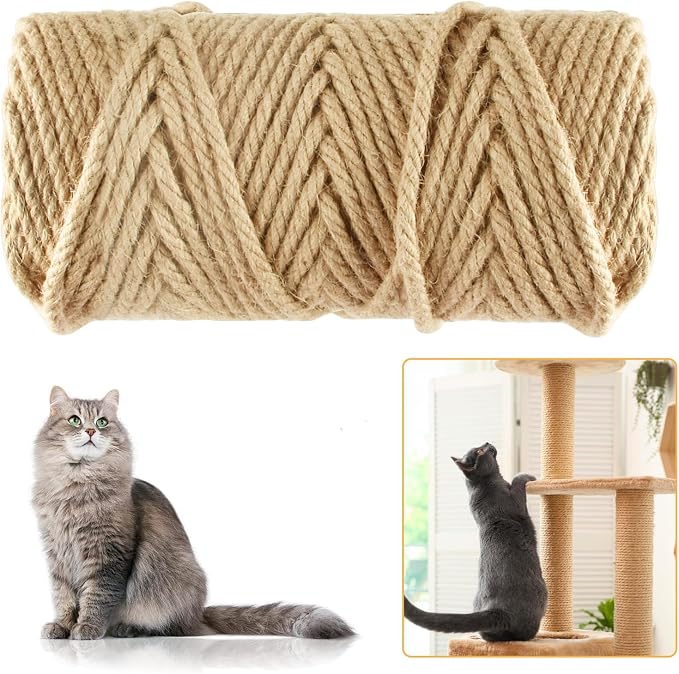 164FT/50M Natural Sisal Rope for Cat Scratching Posts, 6mm Thick Jute Hemp Cat Rope for Cat Tree Replacement, Cat Scratch Post Repair, DIY Projects, and Furniture Wrapping