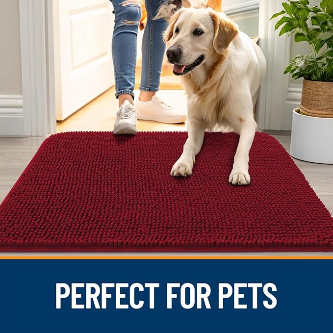 OLANLY Dog Door Mat for Muddy Paws 47x17, Super Absorbent Chenille Mud Mat | Red, Absorbs Moisture and Dirt, Non-Slip Machine Washable Doormat, Quick-Drying Indoor Entryway Floor Carpet for Dogs