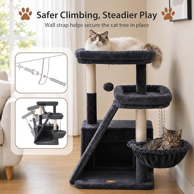 Heybly Compact Cat Tree with Big Scratcher, Stable Cat Tower HCT206SG | 27.2" Cat Furniture with 2 Top Perches, Floor Cat Condo, Cozy Hammock, Space-Saving Cat Activity Center, Smoky Gray