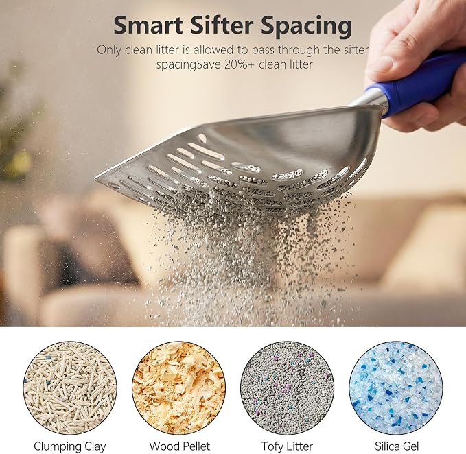 Cat Litter Scoop, Kitty Metal Scooper, Heavy Duty Aluminum Deep Sifter with Long Handle, Rustproof Durable Kitten Poop Shovel for Travel & Small Litter Box